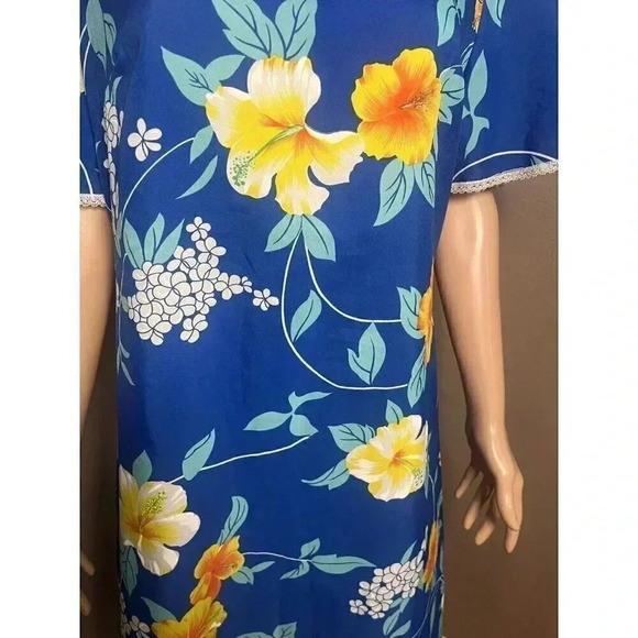 Made in Hawaii Vintage MuuMuu Maxi Dress Blue with Yellow Hibiscus Ladies Sz 14 - Picture 2 of 9